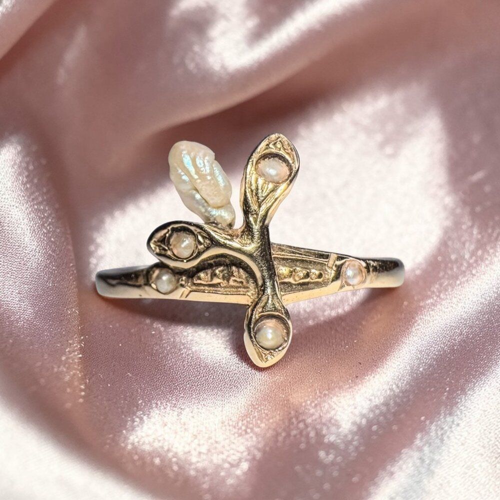 ANTIQUE- Art Nouveau - 14K Gold- Baroque Pearl & Seed Pearl Ring -Size 6.5 -1.2g - Picture 12 of 17